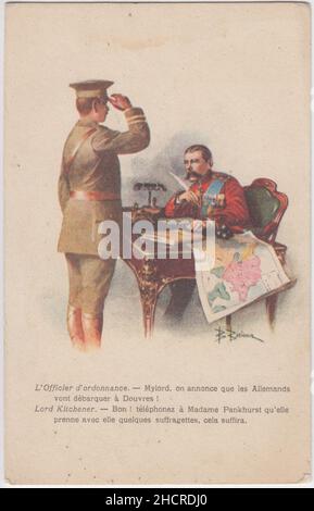 First World War French cartoon showing Lord Kitchener mobilising Emmeline Pankhurst & the suffragettes to repel a German invasion at Dover, published as part of 'La Guerre Ironique' series in Paris ('L'Officier d'ordonnance.- Mylord, on annonce que les Allemands vont debarquer a Douvres! Lord Kitchener.- Bon! telephonez a Madame Pankhurst qu'elle prenne avec elle quelques suffragettes, cela suffira' / Orderly Officer - My lord, the Germans are being announced to disembark at Dover! Lord Kitchener Good! call Madame Pankhurst to take some suffragists with her, that will be enough) Stock Photo