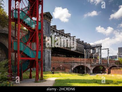 UK, England, Manchester, Castlefield, steps to Deansgate station car park at redundant railway viaduct Stock Photo