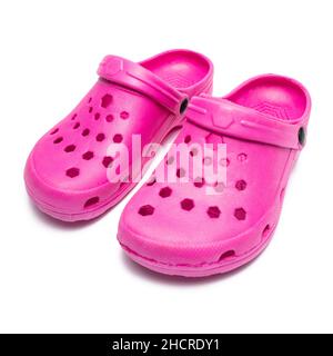 pink pair of professional ventilated work clogs isolated over white Stock Photo