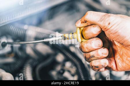 Mechanic repairing car with open hood,Side view of mechanic checking level motor oil in a car with open hood Stock Photo