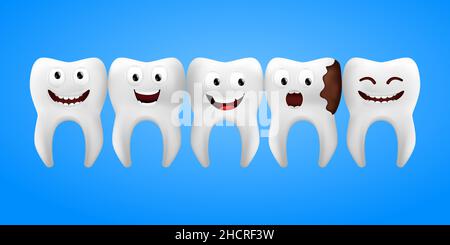 Realistic funny teeth with facial expressions. Smiling white teeth in a row including one scared tooth with caries. 3D vector illustration of happy de Stock Vector