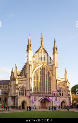 Winchester Cathedral West Facade in winter, Cathedral Close, Winchester, Hampshire, England, United Kingdom Stock Photo