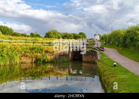 View of the lower staircase section of Foxton Locks, on the Leicester line of the Grand Union Canal, Leicestershire, UK. Stock Photo