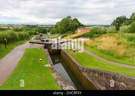 View of the lower staircase section of Foxton Locks, on the Leicester line of the Grand Union Canal, Leicestershire, UK. Stock Photo