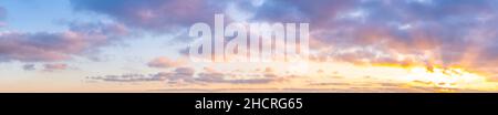 Summer sunset sky panorama with fleece clouds. Summer evening good weather background. Stock Photo