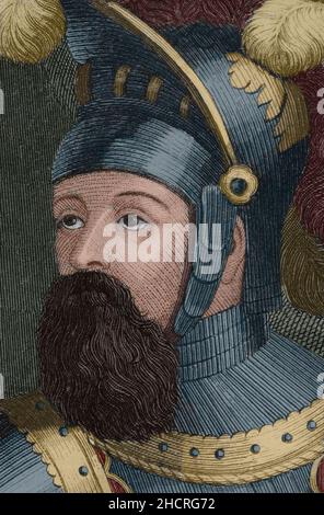 Wilfred I the Hairy (840- 897). Count of Barcelona, Cerdanya, Urgell, Girona and Besalú. Portrait, detail. Engraving by Antonio Roca. Las Glorias Nacionales, 1853. Later colouration. Stock Photo