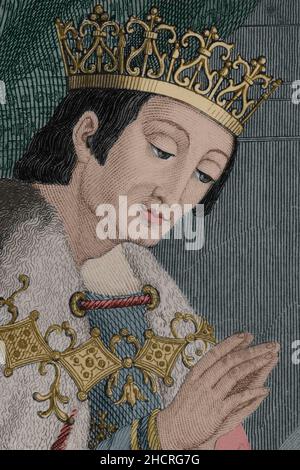 Alfonso VIII of Castile (1155-1214), called the Noble or the one of the Navas. King of Castile from 1159 and King of Toledo. Portrait, detail. Later colouration. Engraving by Antonio Roca. Las Glorias Nacionales, 1853. Stock Photo