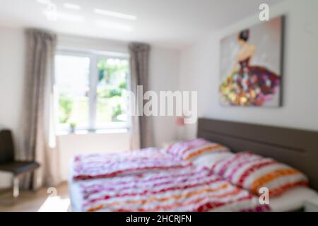 Blurred Bedroom with Modern House Interior Bokeh Background Stock Photo