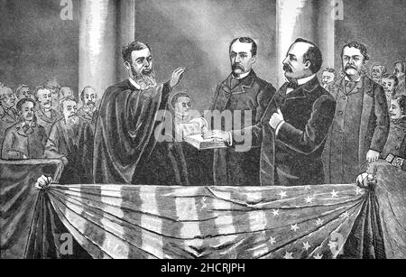A late 19th Century illustration of the inaugeration of Stephen Grover Cleveland (1837-1908), an American lawyer and politician who served as the 22nd and 24th president of the United States from 1885 to 1889 and from 1893 to 1897. Cleveland is the only president in American history to serve two nonconsecutive terms in office. He won the popular vote for three presidential elections in 1884, 1888, and 1892, and was one of two Democrats (followed by Woodrow Wilson in 1912) to be elected president during the era of Republican presidential domination dating from 1861 to 1933. Stock Photo