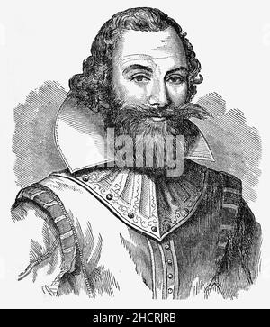 A late 19th Century portrait of Captain John Smith (1580-1631), an English soldier, explorer, colonial governor, Admiral of New England, and author. He played an important role in the establishment of the colony at Jamestown, Virginia, the first permanent English settlement in America, in the early 17th century. He was a leader of the Virginia Colony between September 1608 and August 1609, and he led an exploration along the rivers of Virginia and the Chesapeake Bay, during which he became the first English explorer to map the Chesapeake Bay area. Later, he explored and mapped the coast of New Stock Photo