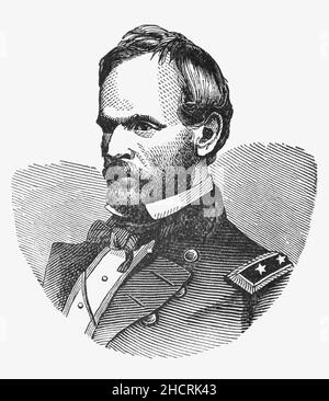 A late 19th Century portrait of William Tecumseh Sherman (1820-1891), an American soldier, businessman, educator, and author. He served as a general in the Union Army during the American Civil War (1861–1865), achieving recognition for his command of military strategy as well as criticism for the harshness of the scorched earth policies that he implemented against the Confederate States. The British military declared that Sherman was 'the first modern general'.  He was appointed Commanding General of the United States Army and promoted to the rank of full general. Stock Photo