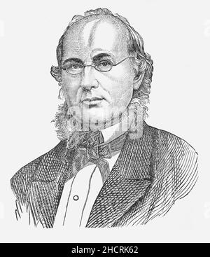 A late 19th Century portrait of Horace Greeley (1811-1872), an American newspaper editor and publisher who was the founder and editor of the New-York Tribune. Long active in politics, he served briefly as a congressman from New York, and was the unsuccessful candidate of the new Liberal Republican Party in the 1872 presidential election against incumbent President Ulysses S. Grant, who won by a landslide. Stock Photo