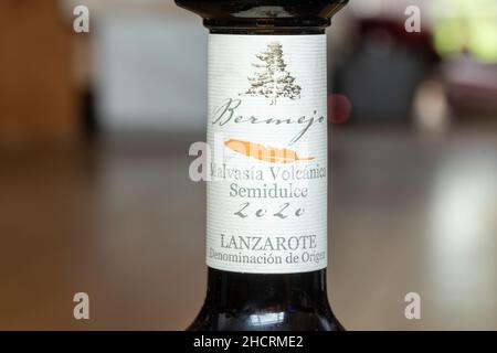 Label on bottle of Bermejo Malvasia Volcanica Semidulce wine, a dessert wine from Lanzarote, Spain Stock Photo