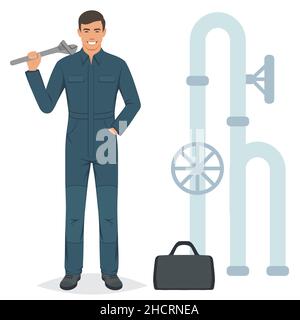 Cheerful plumber with a wrench repairing pipe. Vector illustration Stock Vector