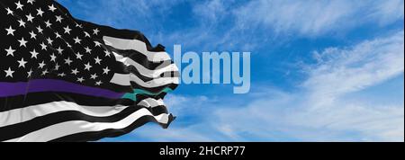 Thin Purple-Teal Line USA flag waving at cloudy sky background on sunset, panoramic view. Suicide awareness and prevention flag. copy space for wide b Stock Photo