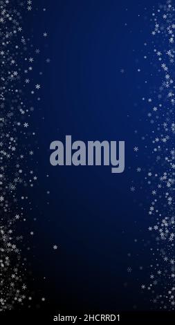 Beautiful snowfall Christmas background. Subtle flying snow flakes and stars on dark blue background. Admirable winter silver snowflake overlay templa Stock Vector