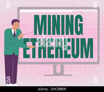 Conceptual display Mining Ethereum, Internet Concept the process of increasing the volume of Ether in circulation Businessman Standing Presenting Char Stock Photo