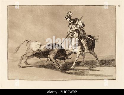 Francisco de Goya, El Cid Campeador lanceando otro toro  (The Cid Campeador Spearing Another Bull). This is print number 11 in a 33 print series on bullfighting. Stock Photo
