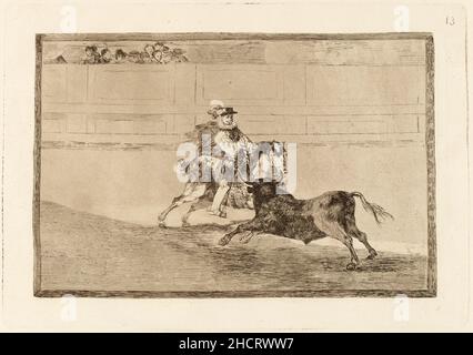 Francisco de Goya, Un caballero espanol en plaza quebrando rejoncillos sin auxilio de los chulos (A Spanish Mounted Knight in the Ring Breaking Short Spears without the Help of Assistants). This is print number 13 in a 33 print series on bullfighting. Stock Photo