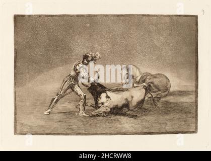 Francisco de Goya, Un caballero espanol mata un toro despues de haber perdido el caballo (A Spanish Knight Kills the Bull after Having Lost His Horse). This is print number 9 in a 33 print series on bullfighting. Stock Photo