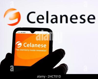 Ukraine. 31st Dec, 2021. In this photo illustration Celanese Corporation logo seen displayed on a smartphone and in the background. Credit: SOPA Images Limited/Alamy Live News Stock Photo