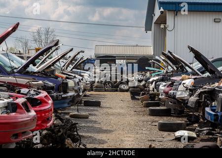 Rows of scrapped General Motors cars line this aisle at the Pick Your Part auto salvage yard in Fort Wayne, Indiana, USA.