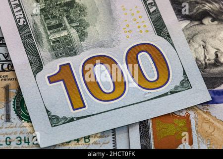 Closeip of an United States of America one hundred dollar note - bill. US Dollars. Stock Photo