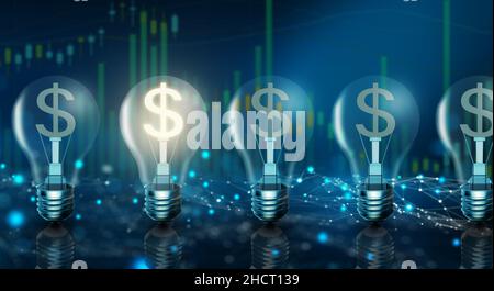 Illuminated light bulb in a row. One different Glowing with dollar sign inside on stock market graph background. Money making idea. Stock Photo