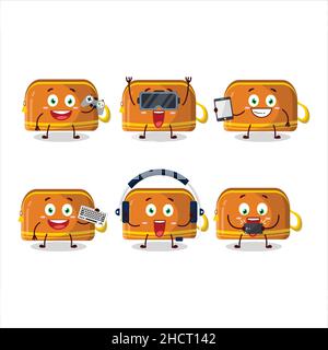 Orange pencil case cartoon character are playing games with various cute emoticons. Vector illustration Stock Vector
