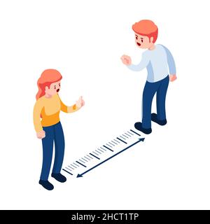 Flat 3d Isometric Man and Woman Keep Distance in Public Society. Social Distancing and New Normal Life After Covid-19. Stock Vector