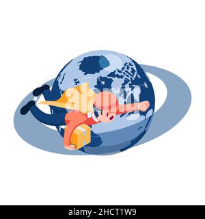 Flat 3d Isometric Super Delivery Man Flying Around The World. Online Express Delivery Service and World Wide Shipping Concept. Stock Vector