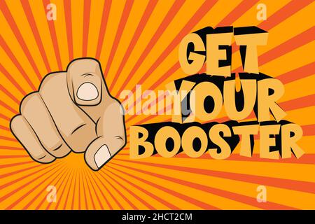 Get Your Booster pointing finger comic vector on a sunburst background Stock Vector