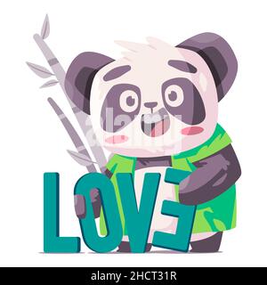 Cute panda holding love text with silly face funny character of black and white bear comic mascot Stock Vector