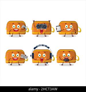 Orange pencil case cartoon character are playing games with various cute emoticons. Vector illustration Stock Vector