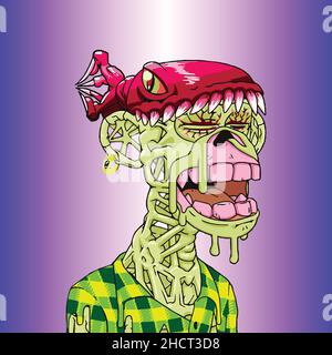 Mutant ape zombie melting with pink lobster hat NFT art. Green monkey skeleton vector illustration