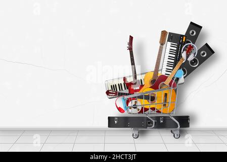 Home interior - Stack pile collage of various musical instruments in shopping cart in front on a white wall background Stock Photo