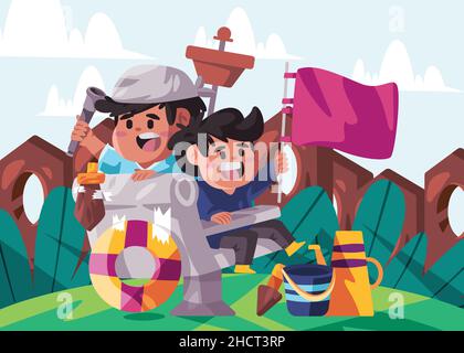 kids children role play pirate ship vector cartoon have fun playtime childhood boys Stock Vector