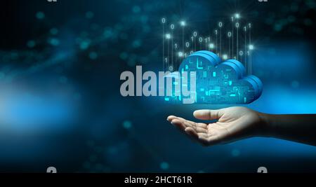 Businessman hand holding Cloud computing technology internet storage network. Cloud service, Cloud technology, and Cloud storage Concept. Stock Photo