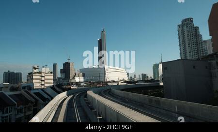 BTS Skytrain Gold Line from Krung Thon Buri to Khlong San Thonburi Bangkok Thailand Trackside View Stock Photo