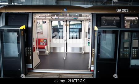 BTS Skytrain Gold Line from Krung Thon Buri to Khlong San Thonburi Bangkok Thailand Trackside View Stock Photo