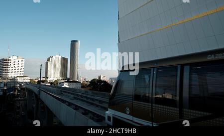 BTS Skytrain Gold Line from Krung Thon Buri to Khlong San Thonburi Bangkok Thailand Trackside View Stock Photo