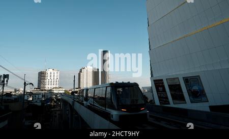 BTS Skytrain Gold Line from Krung Thon Buri to Khlong San Thonburi Bangkok Thailand Trackside View Stock Photo