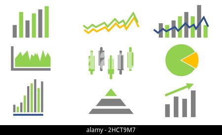 business infographic icon, up and down trend. stock market illustration vector. pie charts, lines, arrows, histograms. Stock Vector