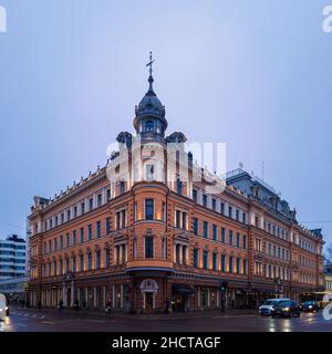 Turku, Finland - December 14, 2021: Full View of 1:1 Aspect Ratio of Fontana Building in Downtown Turku, Known as a Restaurant, Cafe, Bistro, and Bar. Stock Photo