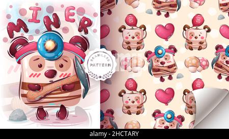 Teddy bear miner - seamless pattern Stock Vector