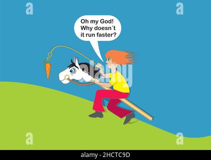 Hobby horse and rider. Poor understanding of own responsibility. Vector illustration. EPS10. Stock Vector