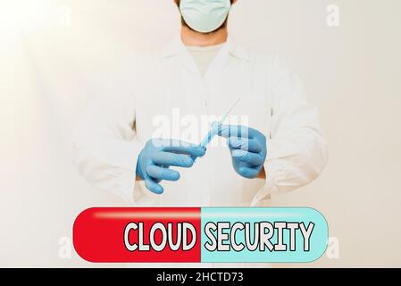 Text sign showing Cloud Security. Business approach Protect the stored information safe Controlled technology Researcher Displaying Virus Prevention Stock Photo