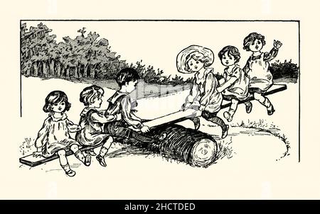 An old book illustration of children playing outdoors on a see-saw from an old children’s annual c. 1930. The children appear to be wearing clothes of an earlier era – possibly late Victorian. These books were a staple Christmas present of childhood – twentieth century graphics. Stock Photo