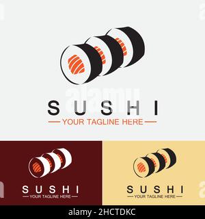 Sushi logo template.Vector Icon Style Illustration Bar or Shop, Sushi,Salmon Roll,Sushi and rolls with chopstick bar or restaurant vector logo Stock Vector
