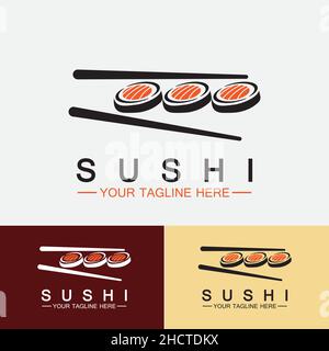 Sushi logo template.Vector Icon Style Illustration Bar or Shop, Sushi,Salmon Roll,Sushi and rolls with chopstick bar or restaurant vector logo Stock Vector
